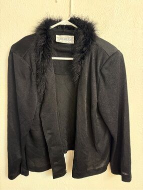 Jessica Howard Black Feather-Trim Open Front Jacket